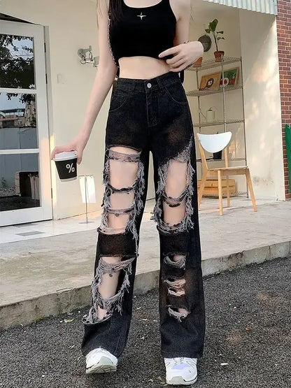New Broken Hole Jeans All-Match Distressed Women High Street Hip Hop High Waist Straight Loose Trousers Y2k Washed Mopping Pants