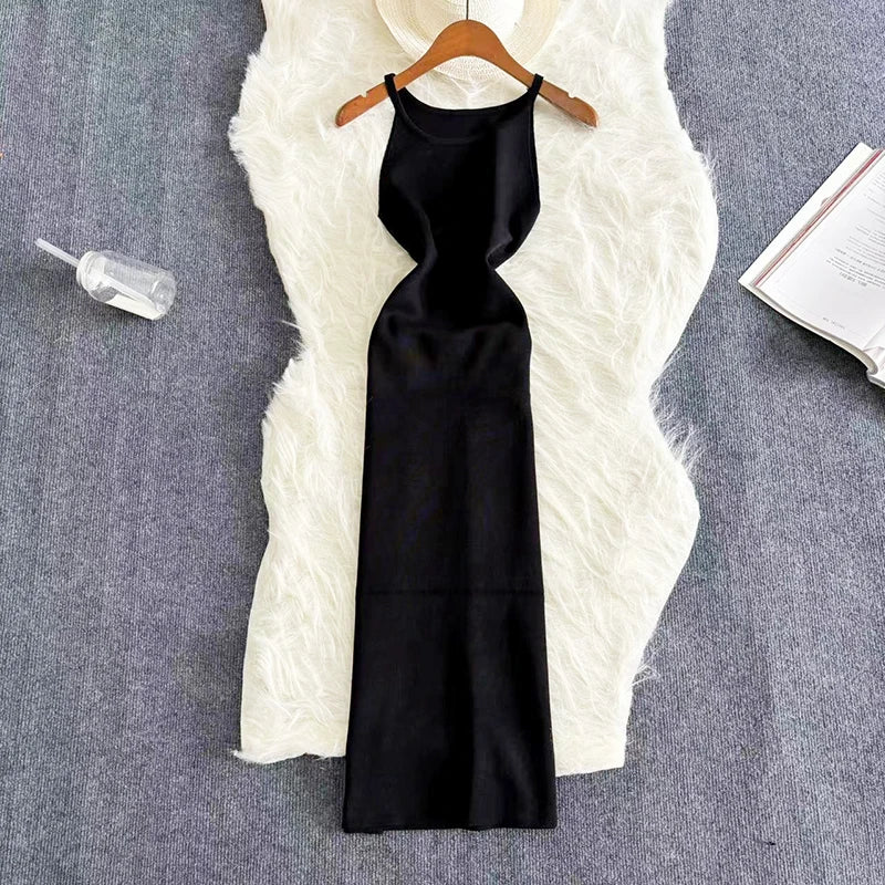 Sexy Summer Knit Strap Dress Women Halter Elatic Waist Bodycon Sundress Female Beach Solid Maxi Long Dress