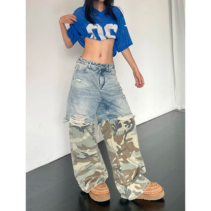 Women Patchwork Baggy Y2k Ripped Jeans Harajuku Aesthetic Denim Trousers Japanese 2000s Style Jean Pants Vintage Trashy Clothes