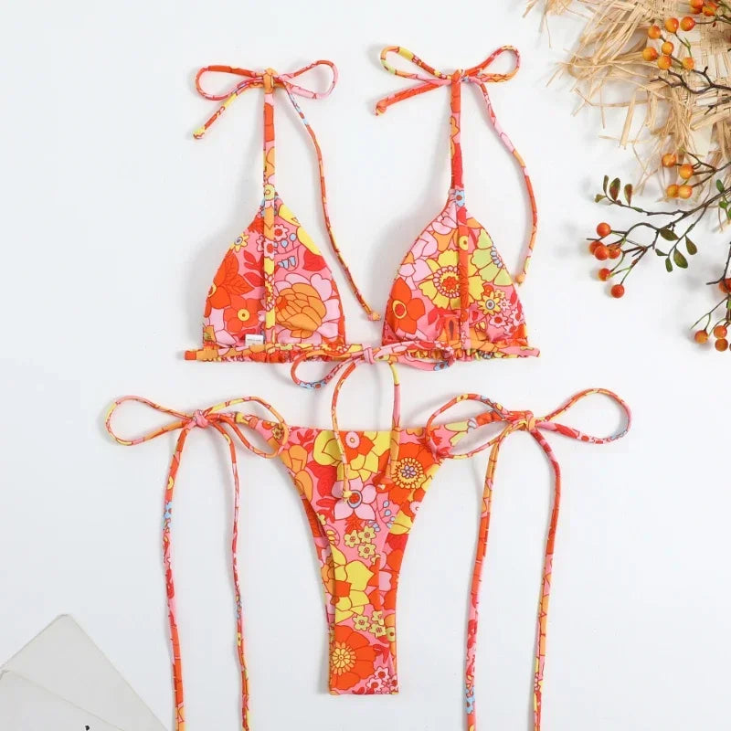 Sexy Flower Print Bikini 3 Women Swimsuit Female Swimwear Thong Bikinis Set Brazilian Halter Beach Wear  Bathing Suit