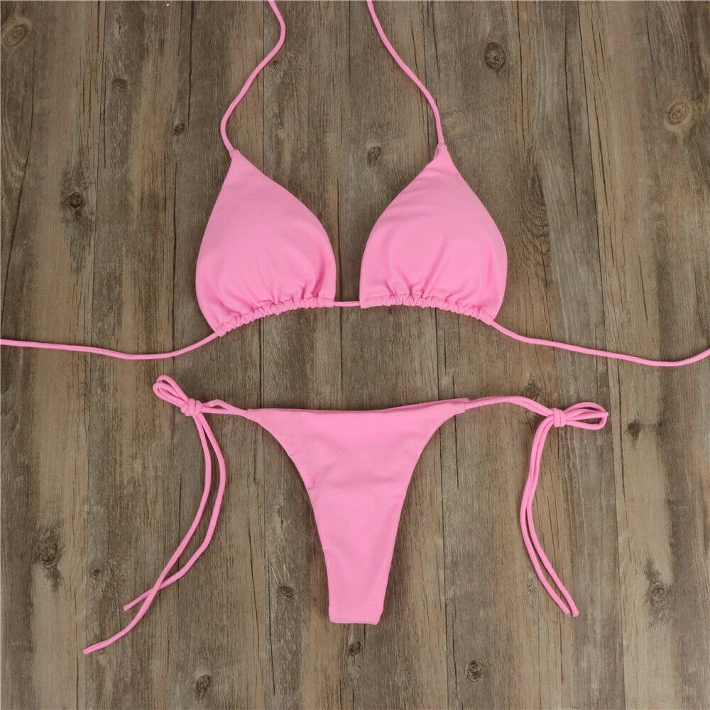 Women Thong Bikini Set Side Tie Sexy Swimsuit Bandage Style Swimwear Swimming Accessories Red/Blue/Black/White/Wine Red/Pink