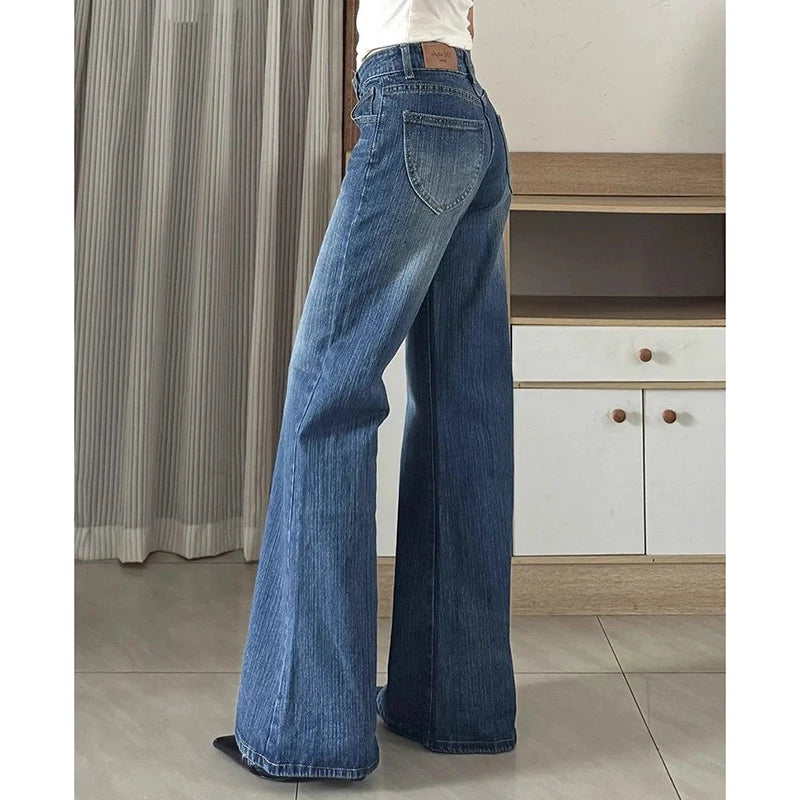 2025 Female Chic Low Waist Flare Jeans Women Retro Blue Slim Fit Bell Bottom Pants Lady Korean Fashion Denim Trousers