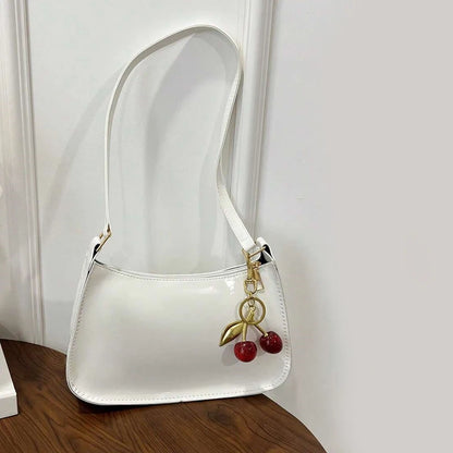 Solid Color PU Leather Women Shoulder Bags Fashion Ladies Cherry Pendant Handbags Purse Casual Design Female Hobos Underarm Bag