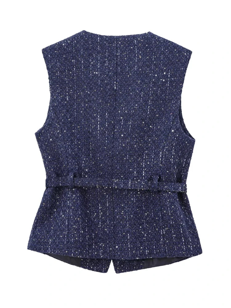 Women's Tweed Waistcoat with Belt, O Neck, Sleeveless, Front Button, Female Outerwear, Chic Tops, Fashion Vest Women
