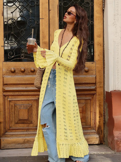 Hollow Breasted Sweater Long Dress Women Summer Party Dresses Cover Up Elegant Slim Split Maxi Vestidos Holiday Beach Robe