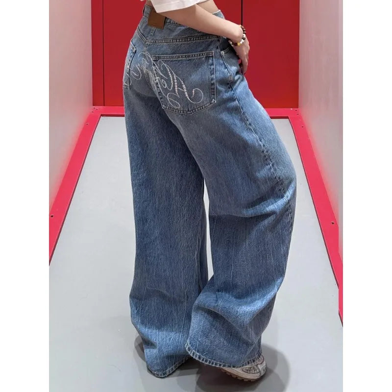 Women's Harajuku Full Length Baggy Emo Denim Trouser 2025 Summer High Waist Y2K 2000s Blue Pants Casual Retro Loose Jeans