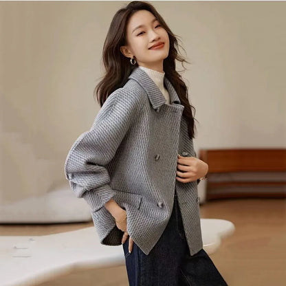 2024 Autumn Winter Women's Woolen Coats New Fashion Korean Solid Short Outerwear Loose Double Breasted Woolen Jacket Female Tops