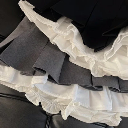 Y2K Ruffles Black Mini Skirt Women Korean Patchwork Pleated Skirts Japanese Kawaii High Waist All Match A Line Skirt New