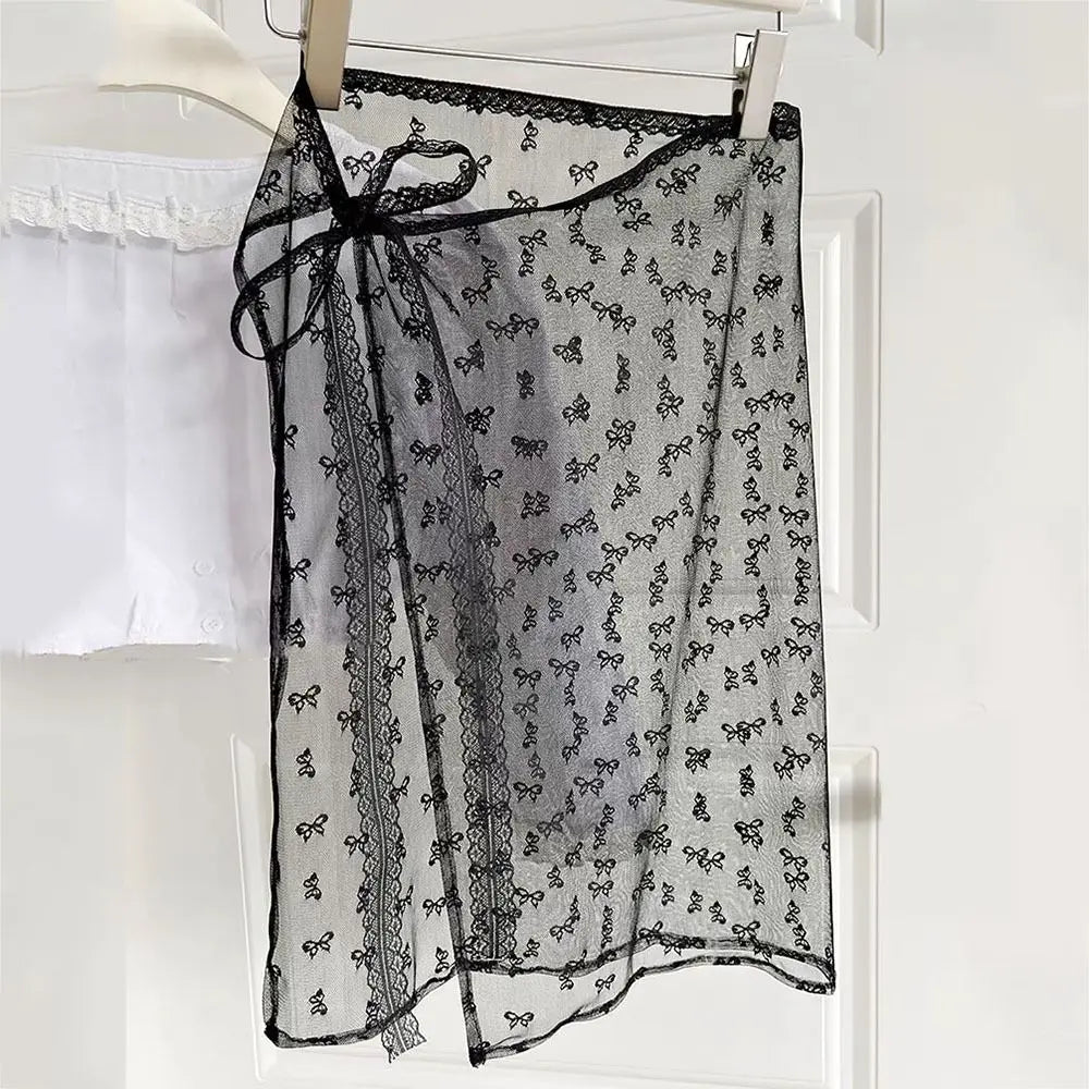 Korean Fashion Floral Skirt Spring Summer Korean Version Unique Lace Layered Gauze Skirt with Tie Up Spicy Girl Apron Streetwear