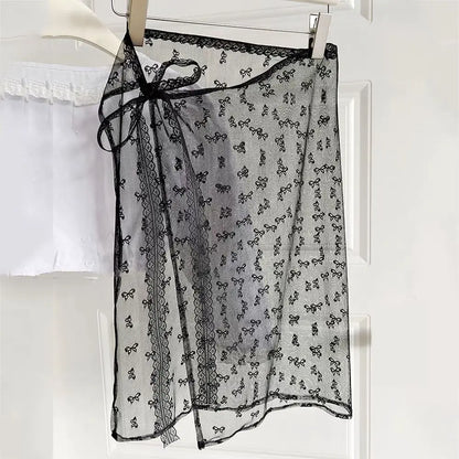 Korean Fashion Floral Skirt Spring Summer Korean Version Unique Lace Layered Gauze Skirt with Tie Up Spicy Girl Apron Streetwear