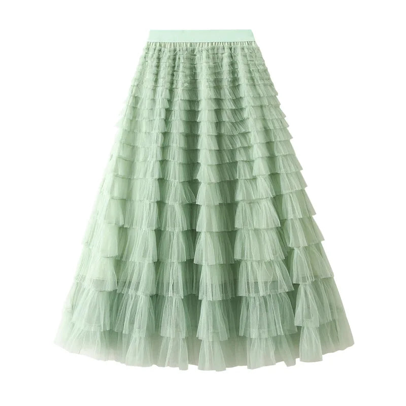 New Arrival 2025 Tulle Cake Long Skirt Women Spring Summer Ruffle Pleated A-Line Chic Skirt Ladies Sweet Black White Tutu Skirts