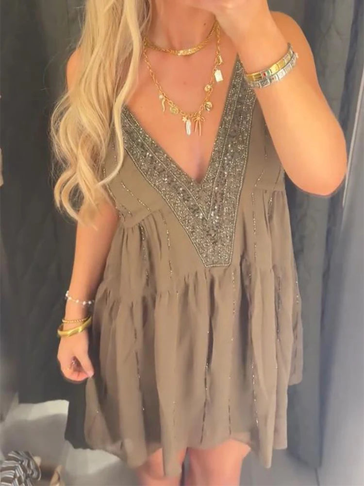 Sexy Backless Sequin Dress Women V-neck Sleeveless Loose Sling Female Mini Dresses 2025 Summer Chic Street Party Beach Lady Robe