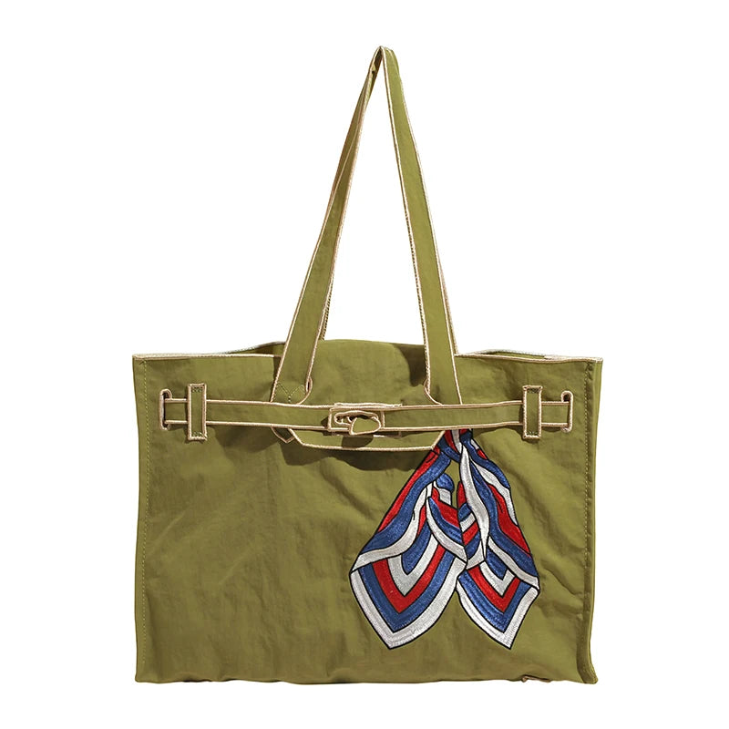 Japanese Nylon Silk Scarf Embroider Tote Bag Large Capacity Fashion Shoulder Bag for School Work Shopping Retro Handbag 2025 NEW