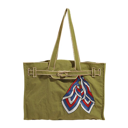 Japanese Nylon Silk Scarf Embroider Tote Bag Large Capacity Fashion Shoulder Bag for School Work Shopping Retro Handbag 2025 NEW