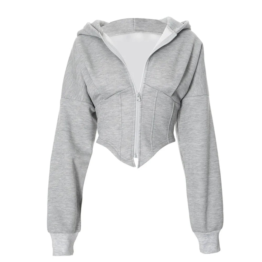 Soft Solid Color Hoodies Women V Shape Lower Hem Streetwear Cardigan Crop Top Fish Bone Long Sleeve Hooded Coat Spring