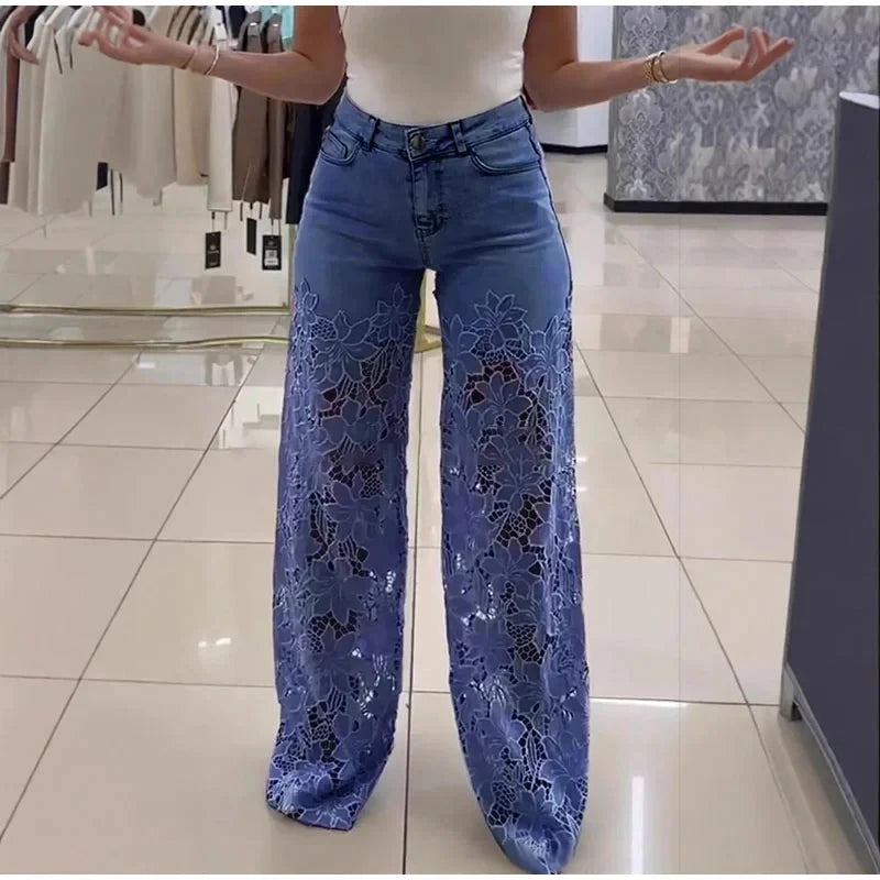 Careaymade-Lace Spliced Elegant Hollow Out Jeans Women New Temperament High Waist Straight Loose Denim Trousers Y2k Streetwear