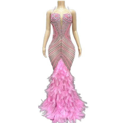 Luxury Pearls Grand Feather Sexy Floor-Length Dress Evening Party Performance Costume Bar Nightclub Singer Dancer Stage Wea