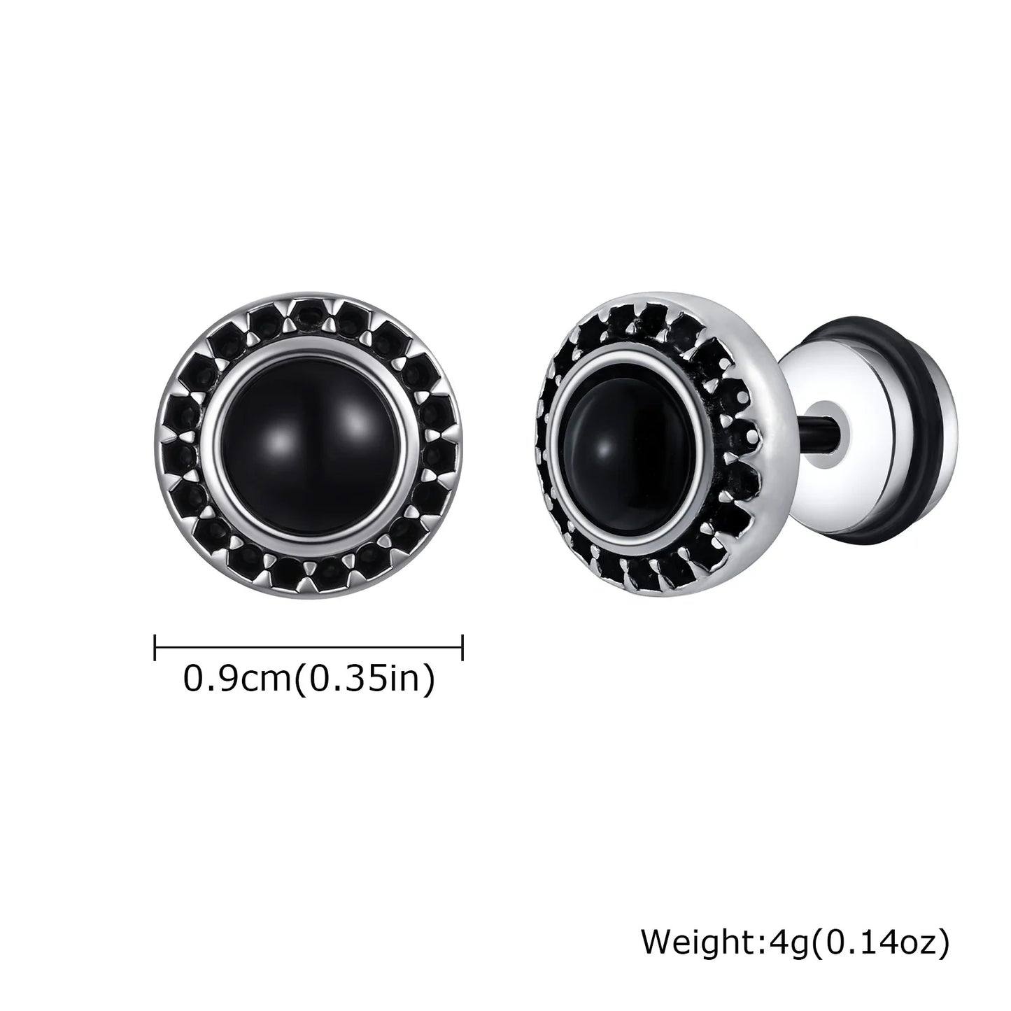 Vnox Vintage Punk Black Zircon Earrings for Men, Hypoallergenic Studs Jewelry, Stainless Steel Earrings 9mm Round Jewelry Gifts