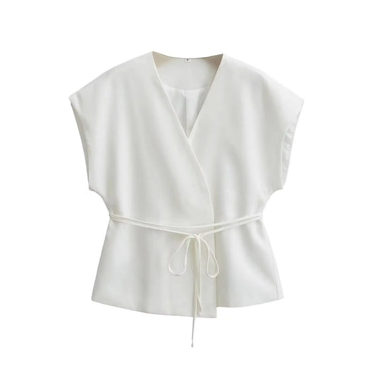 HH Women Elegant Solid Vests V Neck Sleeveless Lace Up Shirt Coat Casual Summer Female Fashion Y2k Top Vests