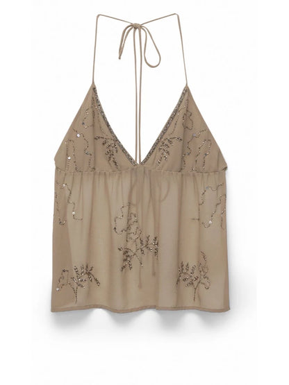 Sexy Backless Sequin Dress Women V-neck Sleeveless Loose Sling Female Mini Dresses 2025 Summer Chic Street Party Beach Lady Robe