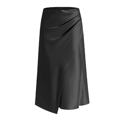 New In 2025 Women's Summer High Waist Satin Pleated Split Green Long Skirt Solid Color Zipper Office Lady Party Elegant Skirts