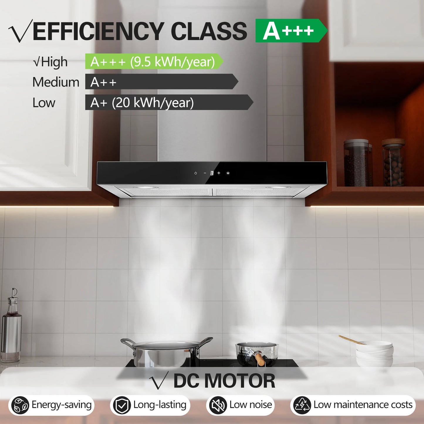 Topstrong 60cm Wall Mounted 400m³/h A+++ LED Touch Control Stainless Steel Extractor Fan Quiet 52dB Kitchen Hood