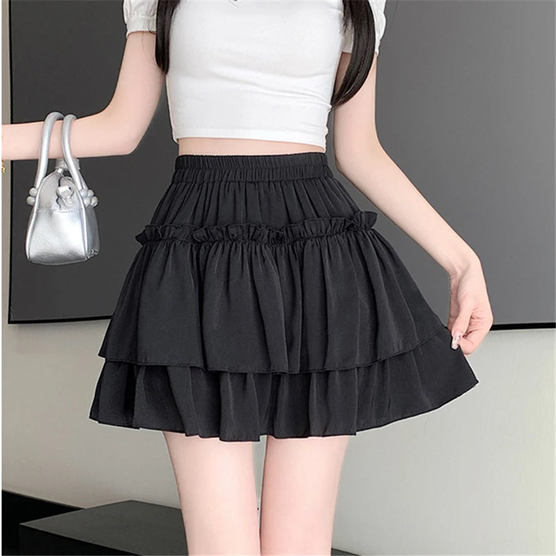 Summer Kawaii Elastic High Waist Black White Ruflles Skirt Women Fashion Slim Fit Chiffon Mini Skirts Giris Y2k All Match Faldas