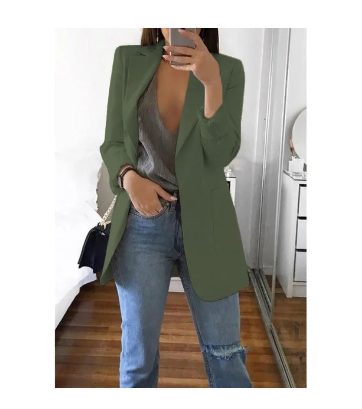 Autumn And Winter Women's Fashion Solid Color Polo Neck Slim Fit Coat Elegant Women's Long Sleeve Pocket Casual Suit Coat S-3XL