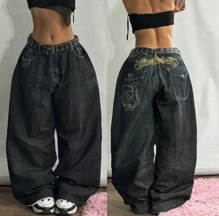 Y2K New Washed American Retro High Street Wide Leg Jeans Female Harajuku Style Street Style Loose Straight Pants Street Clothing