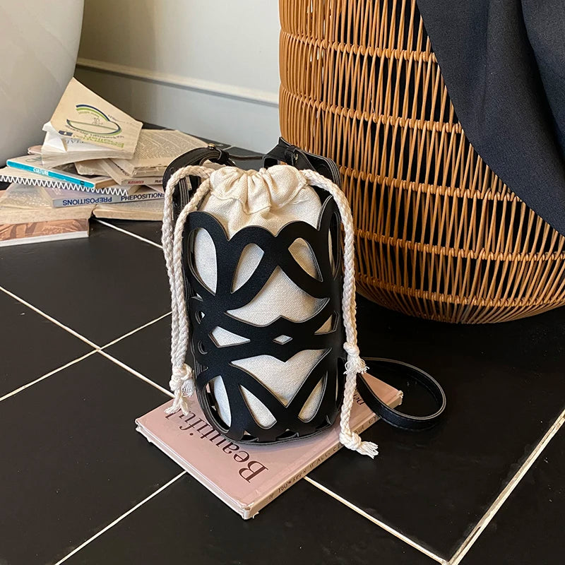 Solid Color PU Versatile Hollow Out Mini Bucket Bag Casual Drawstring Crossbody Bags Hot Sale Adjustable Strap Shoulder Bags