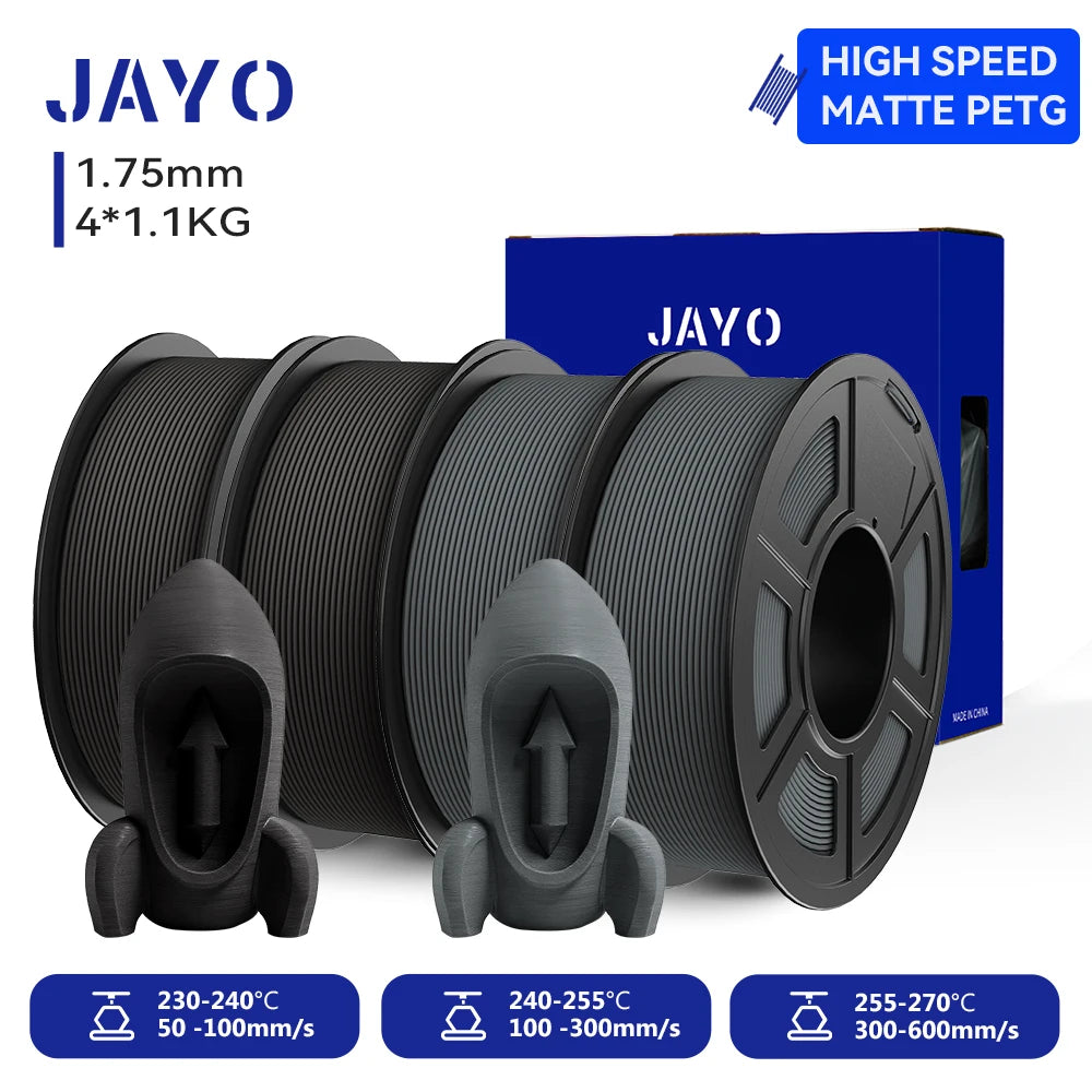 JAYO 4Rolls 3D High Speed Matte PETG 3D Filament 1.75mm 30mm/s - 600mm/s Print Range High Flow Speedy PETG 3D Printer Filament