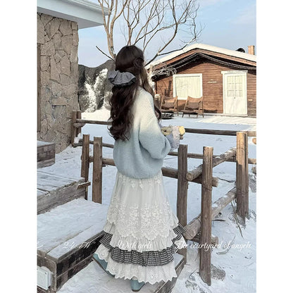 MEXZT Vintage Midi Skirt Women Kawaii Lace Plaid Patchwork Skirts Winter Harajuku Korean Ruffles High Waist Casual A Line Faldas