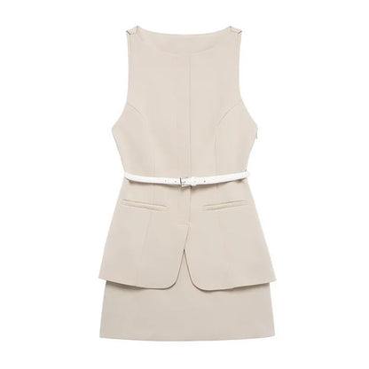 Casual Mini Dress Women Belt Slim Spring Summer O-neck Sleeveless Top Above Knee Skirt Sets Woman Vintage Fake Two Pieces Lady