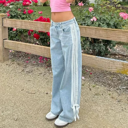 Women Vintage y2k Side Striped Bow Tie Jeans Boyfriend Low Rise Baggy Straight Wide Leg Jeans Casual Loose Fit Denim Pants