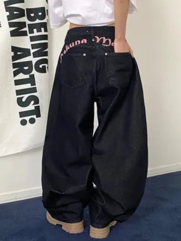 High Waist Straight Leg Bla Denim Jeans Women's Retro American Design kets Loose Fit Long Pants Slimming Effect