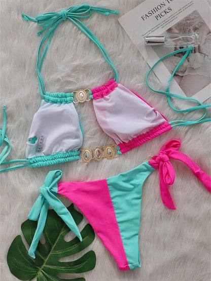 Luxury Rhinestones Splicing Bikini Set Women Halter Patchwork Cut Out Push Up Diamond Swimsuit 2024 Bathing Suit Thong Swimwear