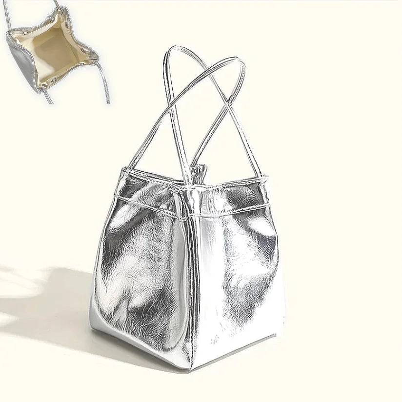 Sparkling Silver Mini Drawstring Bucket Bag, PU Glittery Crossbody Handbag with Wallet for Women