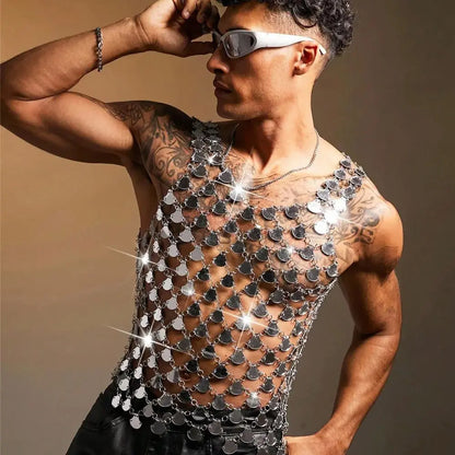 New Music Festival Party Men's Vest Acrylic Shiny Mirror Nightclub Top Trendy Laser Reflective Stage Outfit Sexy Sleeveless Vest