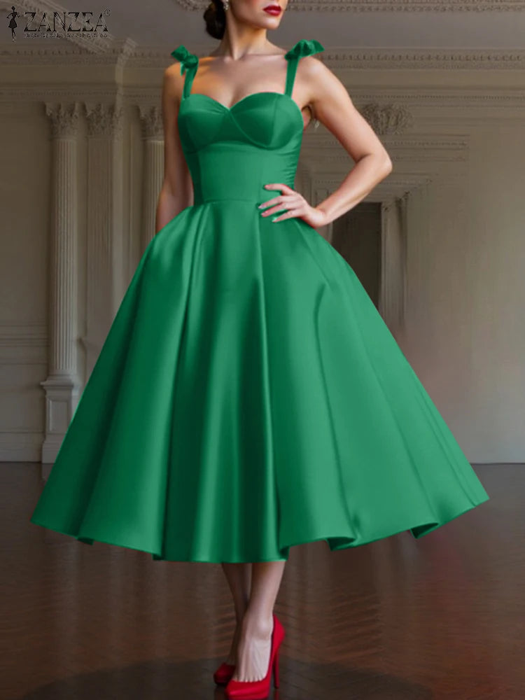 ZANZEA Women Evening Dress Elegant Spaghetti Strap Mid-Calf Party Dress Summer 2025 Retro Square Collar Sleeveless Vestidos Robe