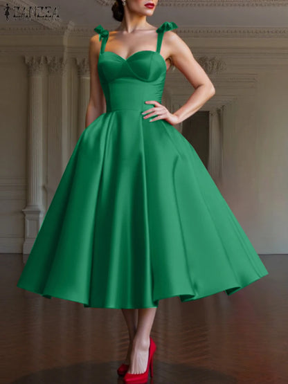 ZANZEA Women Evening Dress Elegant Spaghetti Strap Mid-Calf Party Dress Summer 2025 Retro Square Collar Sleeveless Vestidos Robe