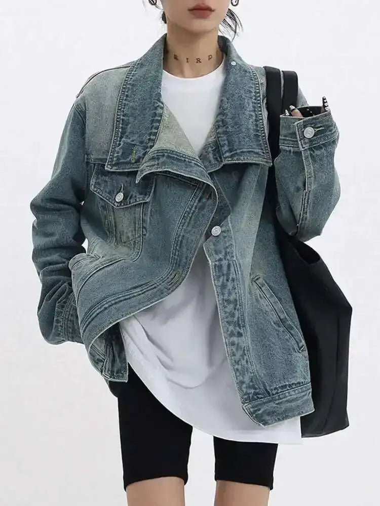2025Fashion lapel denim jacket asymmetrical design  women's denim coat loose casual streetwear  outerwear  female coat