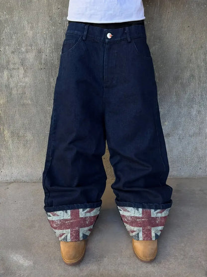 Retro British style print design sense patchwork rolled edge jeans high street casual loose wide-leg straight sports trousers