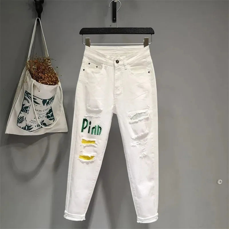 White Jeans 2023 New Women's Embroidery Wild Jeans Spring Summer Fashion Hole Ladies Denim Pants Casual Ankle-Length Jean Pants