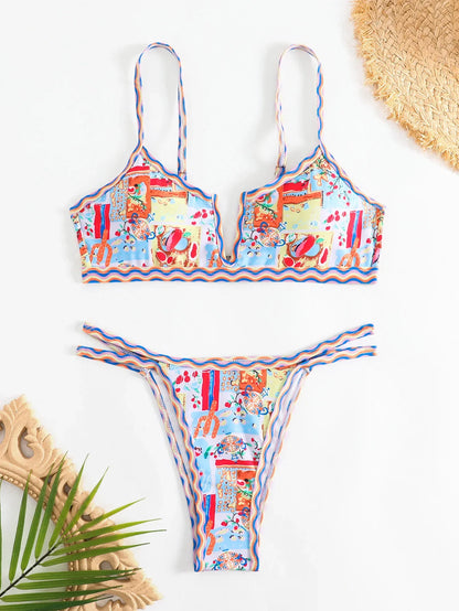Sexy Micro Bikini Women Two Piece Set Ethnic Style Print V Neck Push Up Swimsuit 2025 New Beach Bathing Suit Thong Swimwear