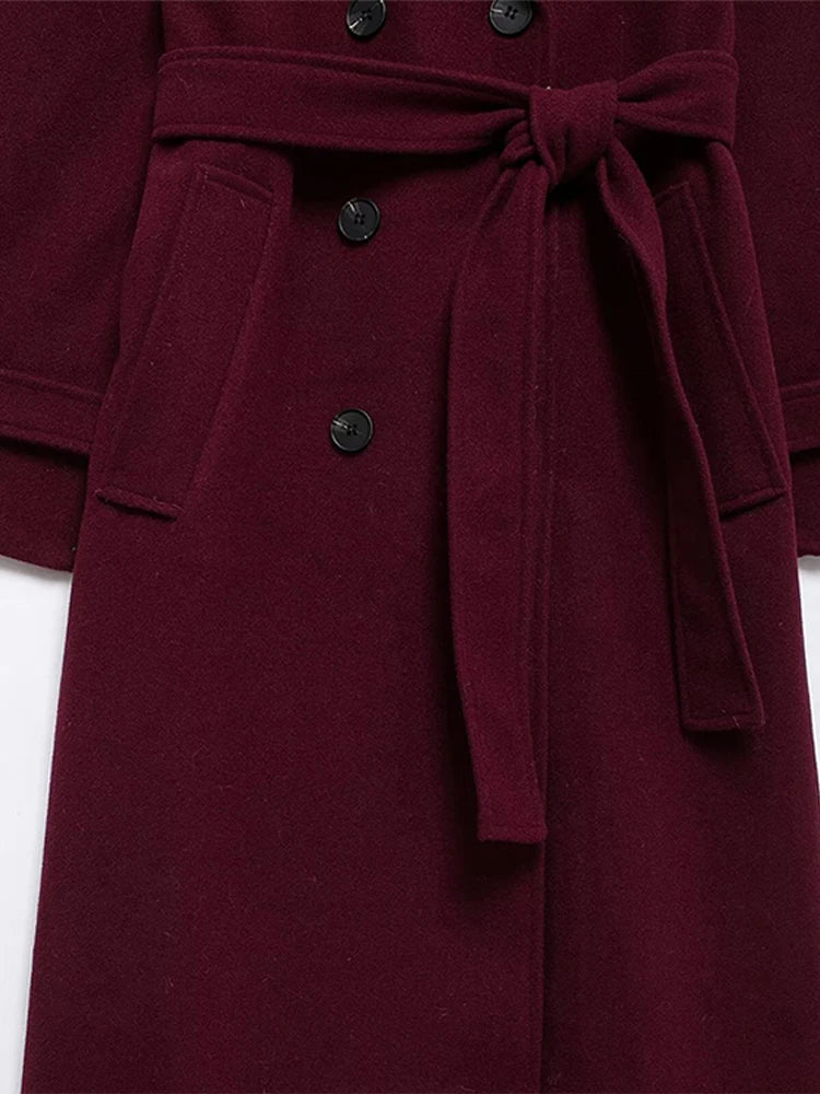 Elegant Burgundy Woolen Coat With Belt Women Lapel Full Sleeve Double Breasted Lady Overcoat 2024 Autumn Winter Female Outwear