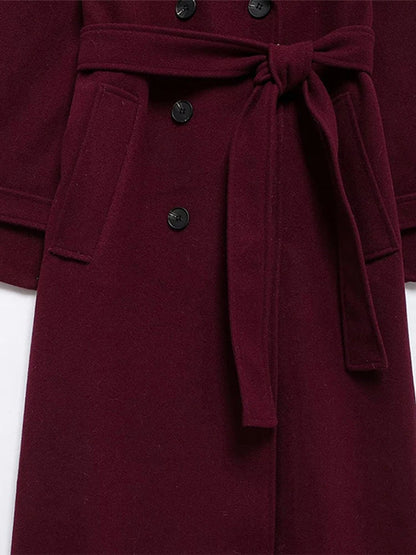 Elegant Burgundy Woolen Coat With Belt Women Lapel Full Sleeve Double Breasted Lady Overcoat 2024 Autumn Winter Female Outwear