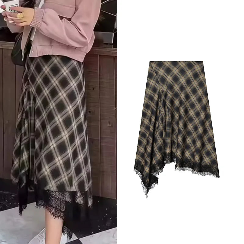 HipSeam Women Check Lace Skirt Spring Summer Casual Mid Waist Women's Side Zip Lady Skirts Asymmetric Hem Female Chic Skirts