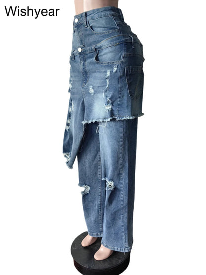 Casual Blue Stretch Denim Jeans with Apron Perforated Straight Wide Leg Trousers for Women Autumn Winter Streetwear Y2K Style