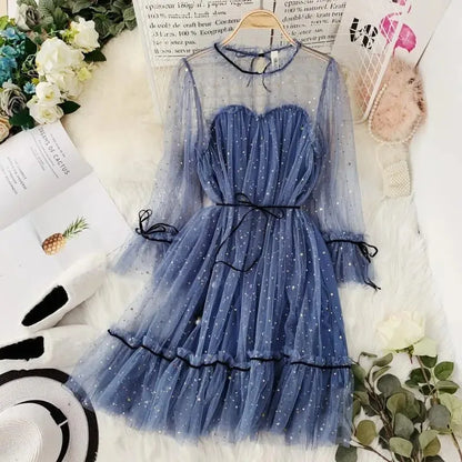 Women Dress Star Shiny Sequin Star Flare Sleeve Lace Up Priceess Korean Fashion Solid Color Elegant Mesh Lace Summer Clothing