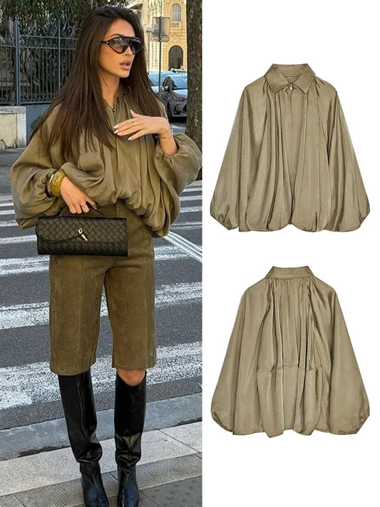 Pleated Zipper Green Oversize Jacket Women Long Lantern Sleeve Lapel Folds Elegant 2025 Spring Coat Street Commuter Lady Tops